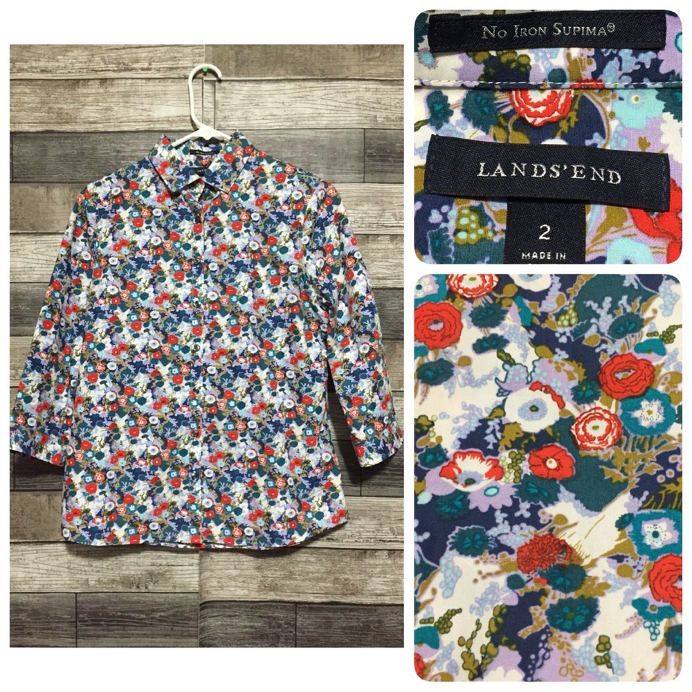 Lands End Non Iron Supima Floral Button Up Shirt 3/4 Sleeve Women’s 2